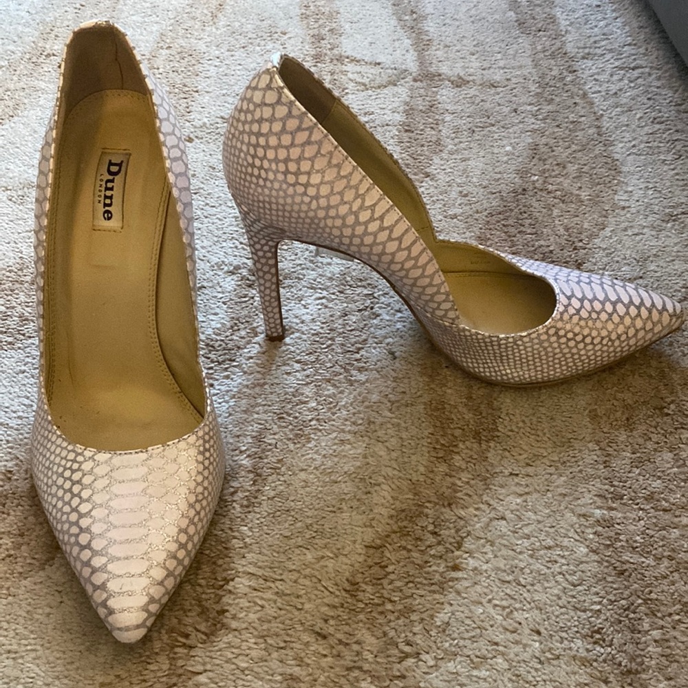 Dune London pink snake skin heels